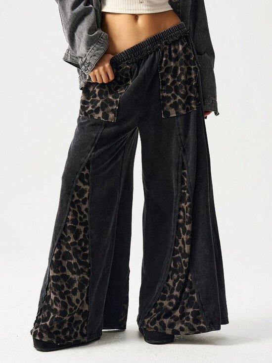 Pants - Black Casual Women's Plus Size Leopard Print High Waist Wide Leg Pants